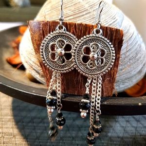 Boho Flower Earrings with Dangling Chains